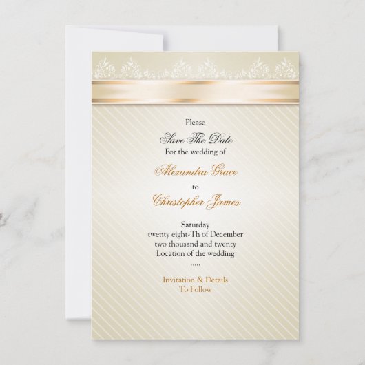 Elfenbeinstäbchen Gold Streifen Hochzeitssache Dat Save The Date (Rückseite)