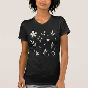 Elfenbeinweiß floral Schwarz  T-Shirt
