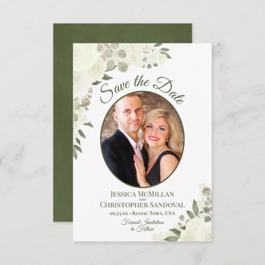 Elfenbeinweiße Aquarellfarben Oval Foto Hochzeit Save The Date (Vorne/Hinten)