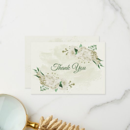 Elfenbeinweiße Blume Grüne Hochzeit Dankeskarte (Vorderseite/Rückseite Beispiel)