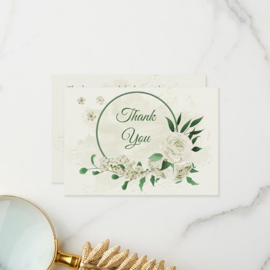 Elfenbeinweiße Blume Grüne Hochzeit Dankeskarte (Vorderseite/Rückseite Beispiel)