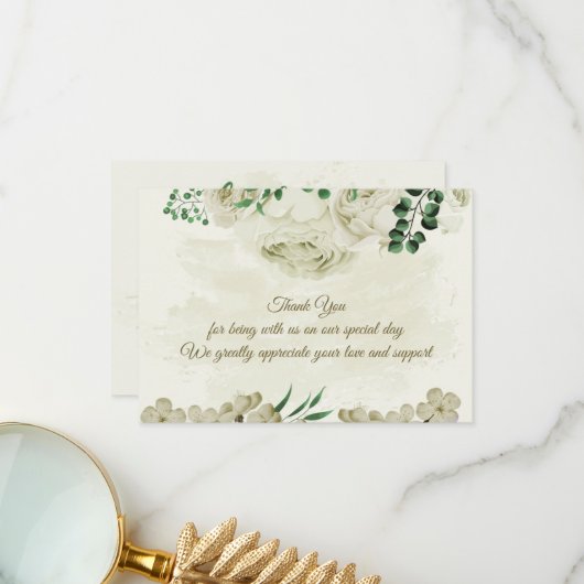 Elfenbeinweiße Blume Grüne Hochzeit Dankeskarte (Vorderseite/Rückseite Beispiel)