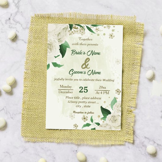 Elfenbeinweiße Blume Grüne Hochzeit Einladung