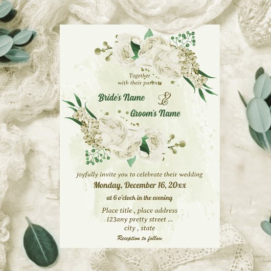 Elfenbeinweiße Blume Grüne Hochzeit Einladung