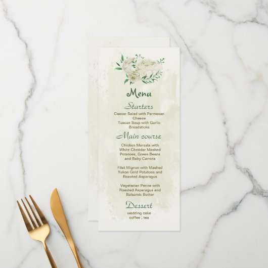 Elfenbeinweiße Blume Grüne Hochzeit Menükarte (Vorderseite/Rückseite Beispiel)