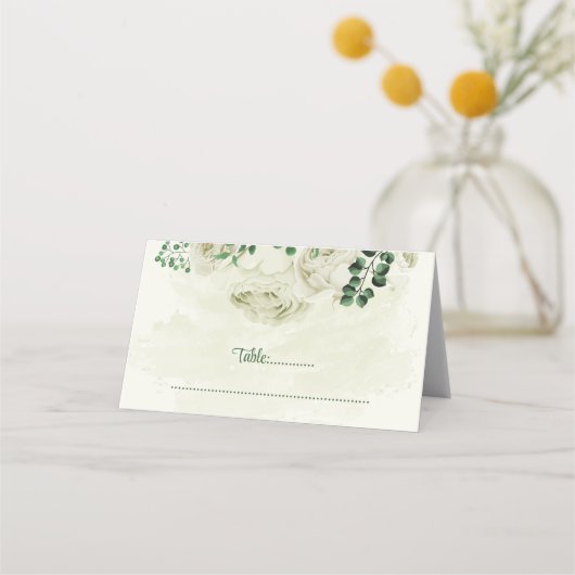 Elfenbeinweiße Blume Grüne Hochzeit Platzkarte (Vorderseite)