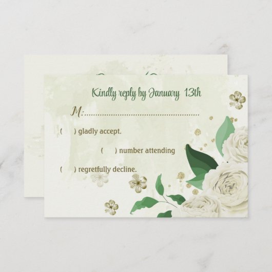 Elfenbeinweiße Blume Grüne Hochzeit RSVP Karte (Vorne/Hinten)