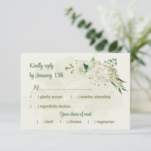 Elfenbeinweiße Blume Grüne Hochzeit RSVP Karte (Stehend Vorderseite)