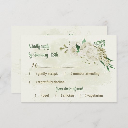 Elfenbeinweiße Blume Grüne Hochzeit RSVP Karte (Vorne/Hinten)