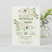 Elfenbeinweiße Blume Grünpflanzen Geburtstag Einladung (Stehend Vorderseite)