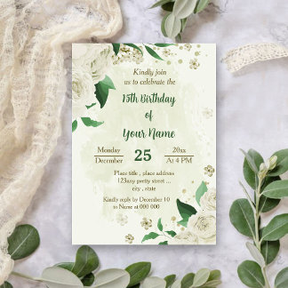 Elfenbeinweiße Blume Grünpflanzen Geburtstag Einladung