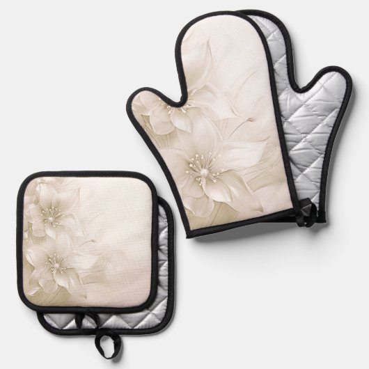 Elfenbeinweiße Blumen Ofenhandschuh & Topflappen-Set (Vorderseite/Rückseite)