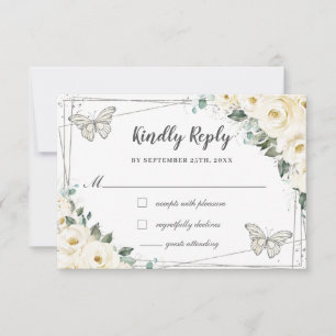 Elfenbeinweiße Blumen Silber Quinceañera Schmetter RSVP Karte