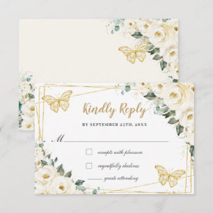 Elfenbeinweiße Florale Goldene Quinceañera Prinzes RSVP Karte