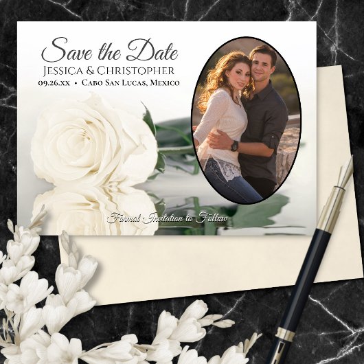 Elfenbeinweiße Rose mit ovalem Foto Romantische Ho Save The Date