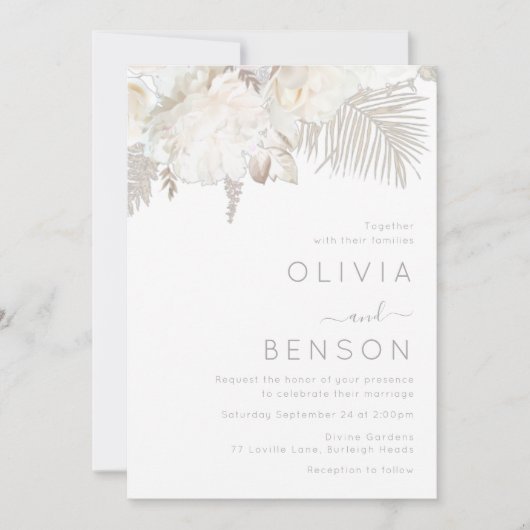 Elfenbeinweiße und Bohemische Blume Moderne Hochze Einladung (Vorderseite)
