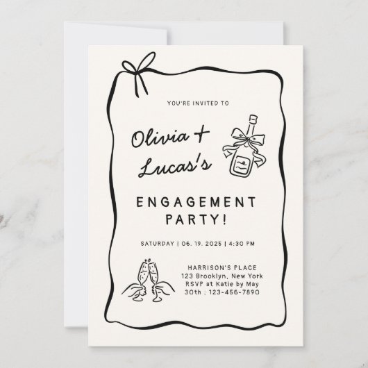 Elfenbeinweiße und schwarz Hand Gezeichnet Engagem Einladung (Vorderseite)