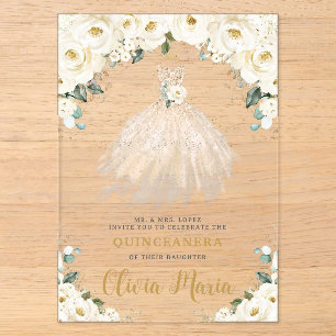 Elfenbeinweißes Blumen Champagner Kleid Quinceañer Acryleinladungen