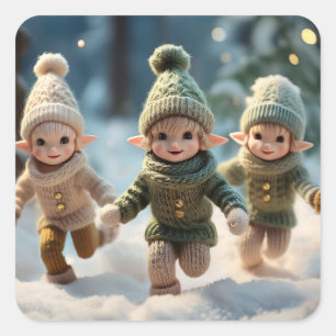 Elfenkinder laufen im Schnee Quadratischer Aufkleber