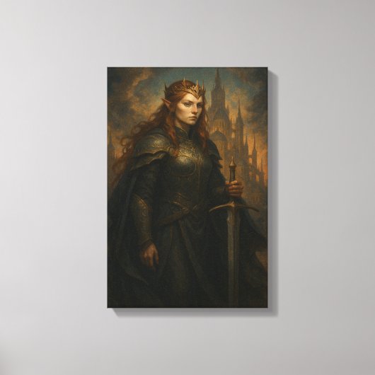Elfenkönigin im Rüstung mit Krone und Schwert Leinwanddruck (Vorderseite)