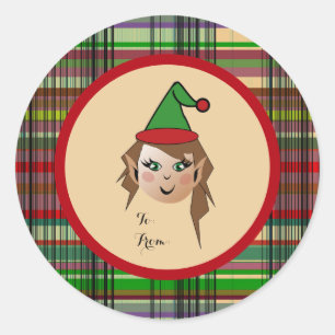 Elfie mit Kariertem Muster und Hintergrund-Design Runder Aufkleber
