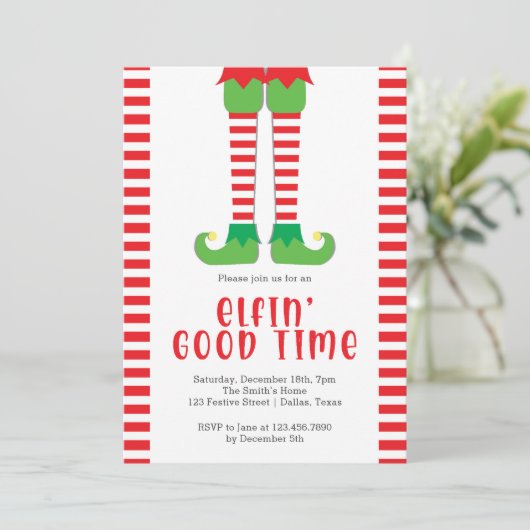 Elfin Good Time Elf Legs Weihnachts-Party Einladung (Stehend Vorderseite)