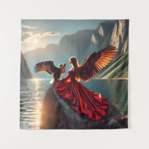 Elfin mit Flügel mit Adler bei Sonnenuntergang Wandteppich