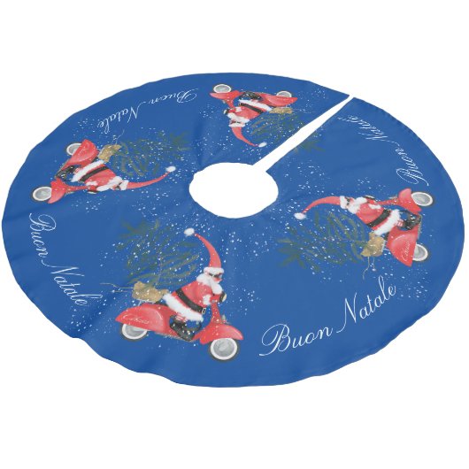 Elfin Santa Claus auf seinem Scooter Polyester Weihnachtsbaumdecke (Schrägansicht)