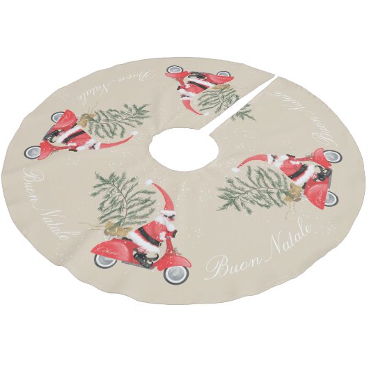 Elfin Santa Claus auf seinem Scooter Polyester Weihnachtsbaumdecke (Schrägansicht)