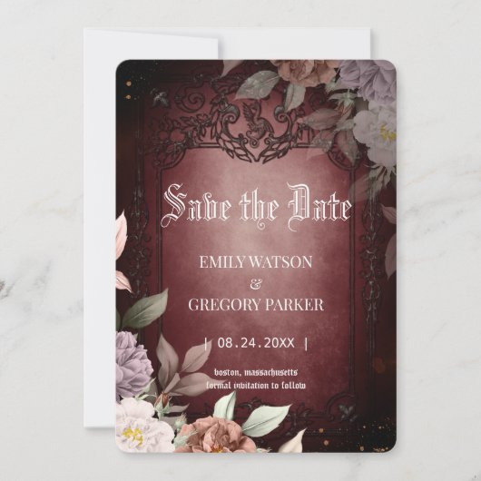 Elgant Gothic Aquamarin Rust Red, Rose Gerahmt Save The Date (Vorderseite)