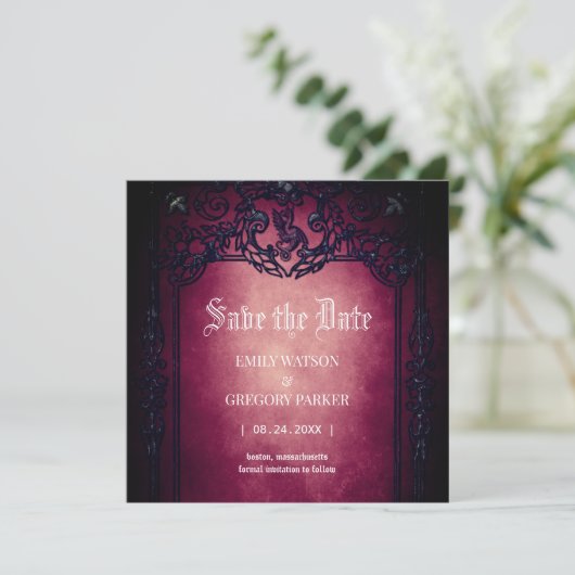 Elgant Gothic Aquamarin Rust Red Save the Date Ger Einladung (Stehend Vorderseite)