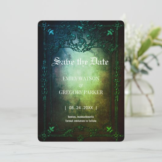 Elgant Gothic Aquamarin Rust Save the Date Gerahmt (Stehend Vorderseite)