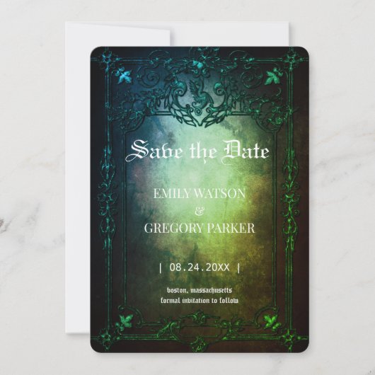 Elgant Gothic Aquamarin Rust Save the Date Gerahmt (Vorderseite)