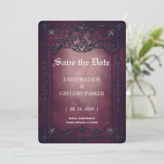Elgant Gothic Aquamarin Rust Save the Date Gerahmt (Stehend Vorderseite)