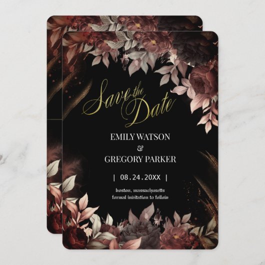 Elgant Gothic Burgundy Red and Black Floral Save The Date (Vorne/Hinten)