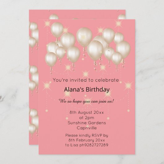 ELGANT MODERN BALLOON APRICOT PEACH GEBURTSTAG EINLADUNG (Vorne/Hinten)