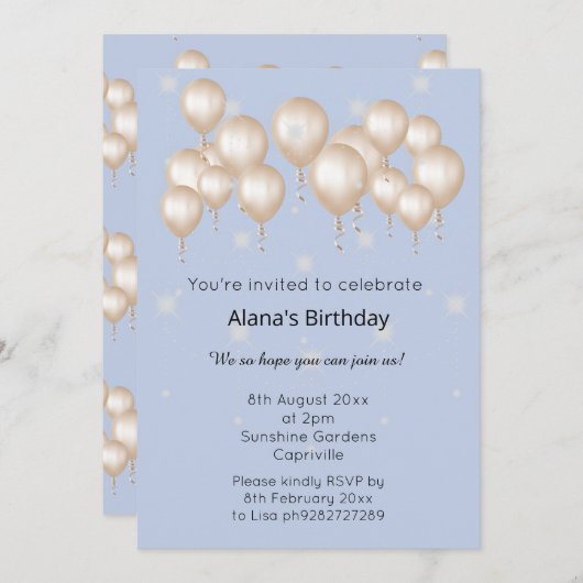 ELGANT MODERN BALLOON LIGHT BLAUE GEBURTSTAG EINLADUNG (Vorne/Hinten)