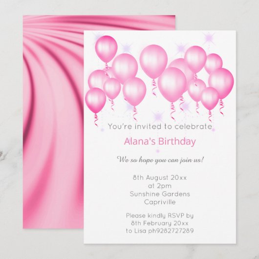 ELGANT MODERN BALLOON PINK SATIN GEBURTSTAG EINLADUNG (Vorne/Hinten)