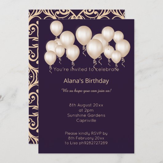 ELGANT MODERN DAMASK NAVY SILVER GOLD EINLADUNG (Vorne/Hinten)