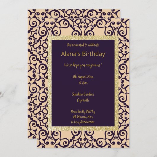 ELGANT MODERN DAMASK NAVY SILVER GOLD EINLADUNG (Vorne/Hinten)
