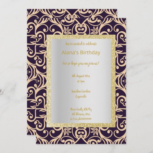 ELGANT MODERN DAMASK NAVY SILVER GOLD EINLADUNG (Vorne/Hinten)