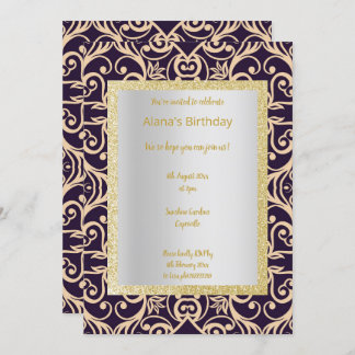 ELGANT MODERN DAMASK NAVY SILVER GOLD EINLADUNG