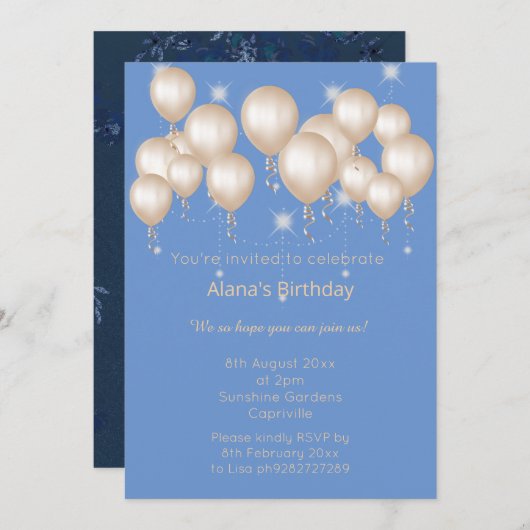 ELGANT MODERN SPRING NAVY BALLOON Sparkle Einladung (Vorne/Hinten)