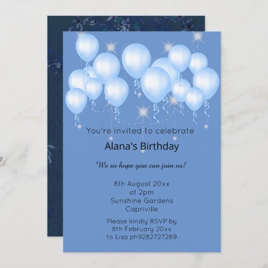 ELGANT NAVY MODERN SPRING BALLOON Sparkle Einladung (Vorne/Hinten)