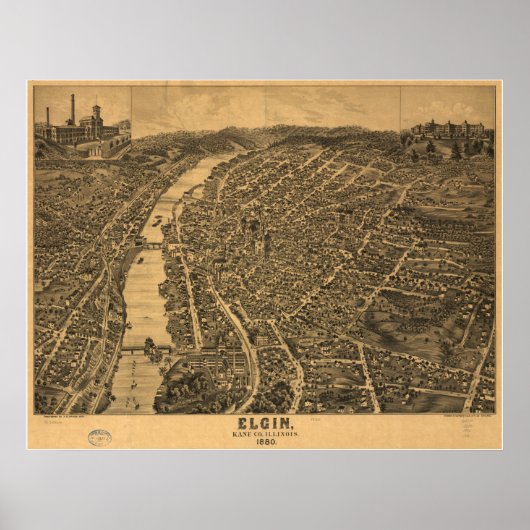 Elgin Illinois 1880 Antique Panoramabalkarte Poster (Vorne)