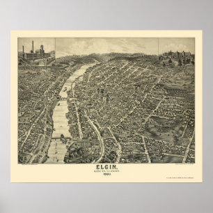 Elgin, panoramische Karte IL - 1880 Poster