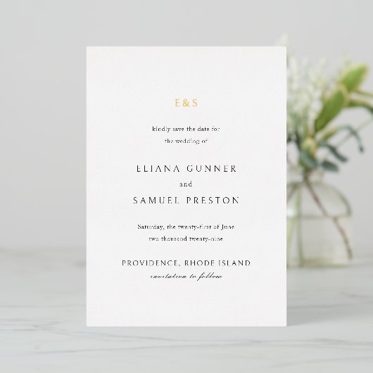 Eliana Monogram Classic Wedding Save the Date Folieneinladung (Stehend vorne)