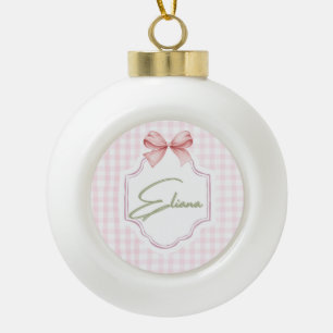 Eliana Personalisiert Pink Bow & Gingham Print Keramik Kugel-Ornament
