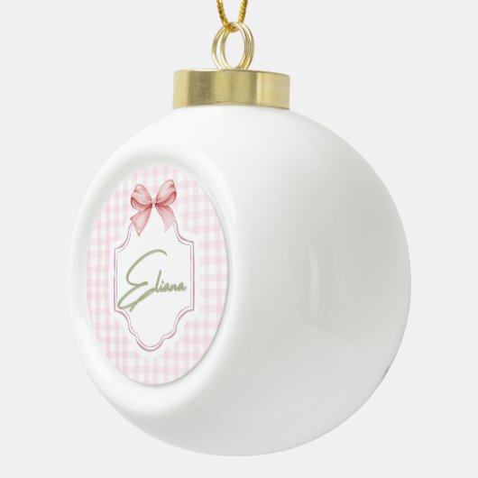 Eliana Personalisiert Pink Bow & Gingham Print Keramik Kugel-Ornament (Rechts)