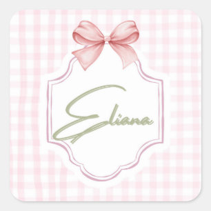 Eliana Personalisiert Pink Bow & Gingham Print Quadratischer Aufkleber